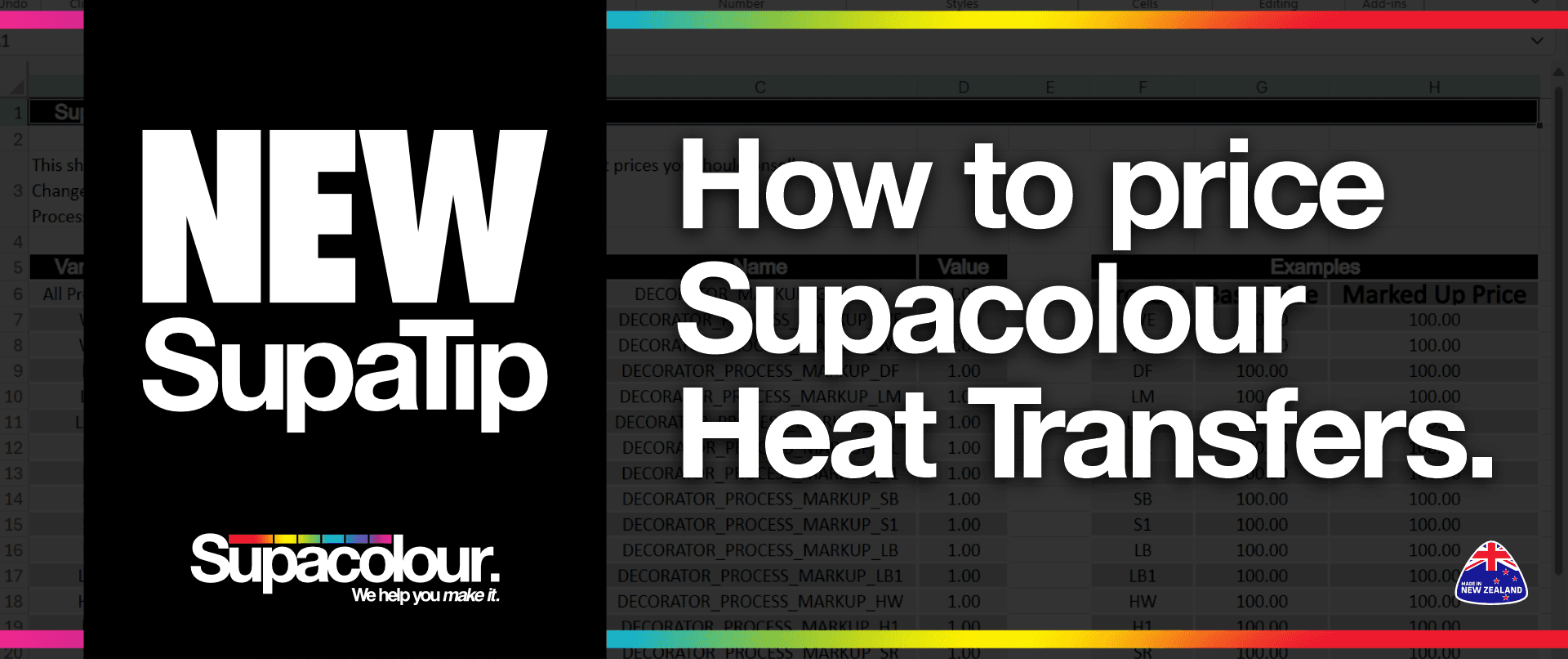 Supacolour SupaTip heat transfer pricing guide spreadsheet with product markup examples