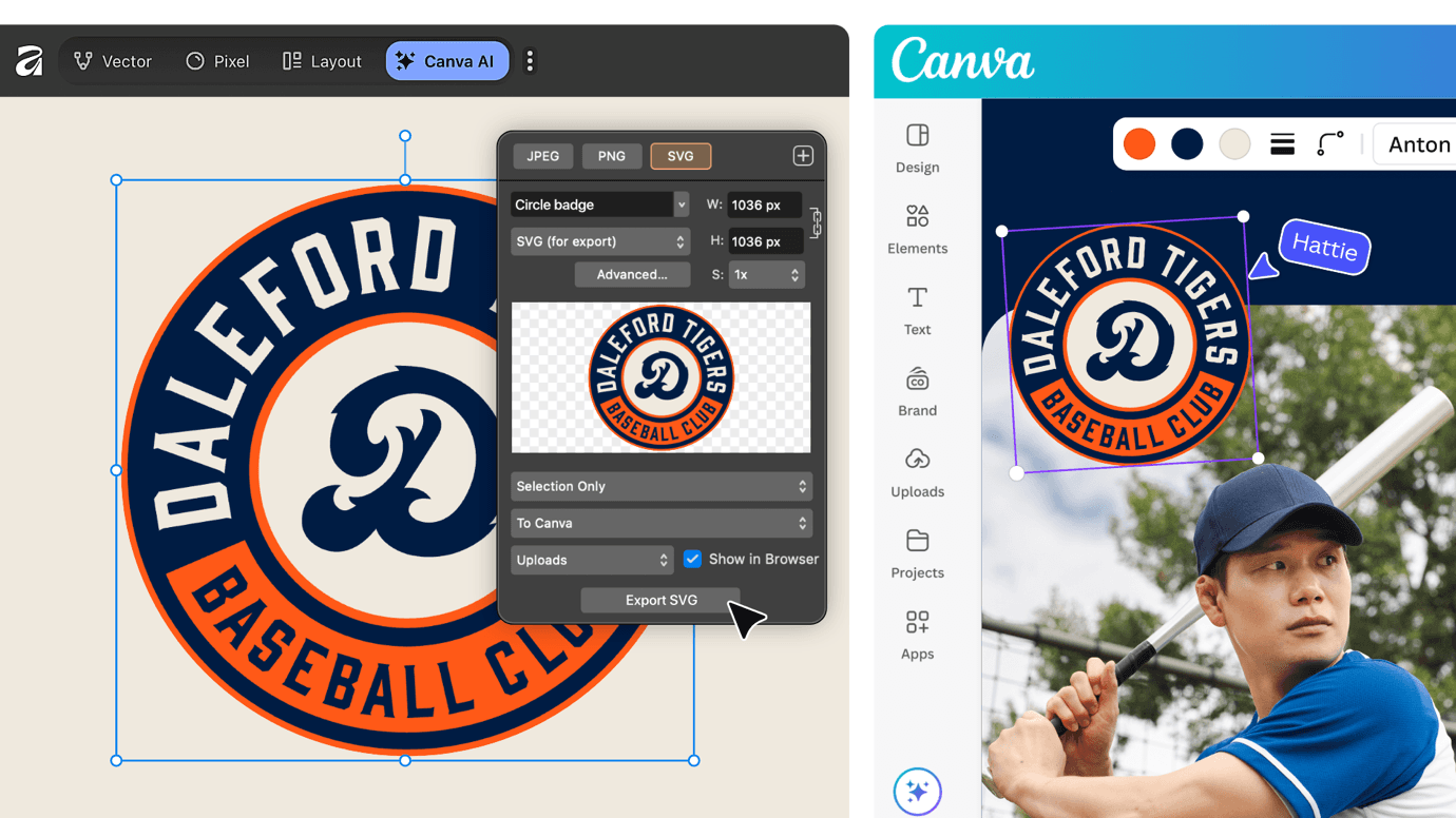 A vector club crest being exported as SVG from Affinity and placed into Canva