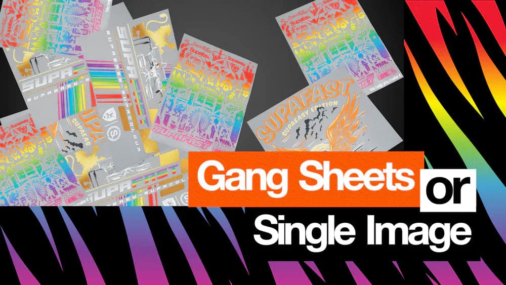 Colorful transfer sheets and single image designs with rainbow gradient borders and crafting supplies